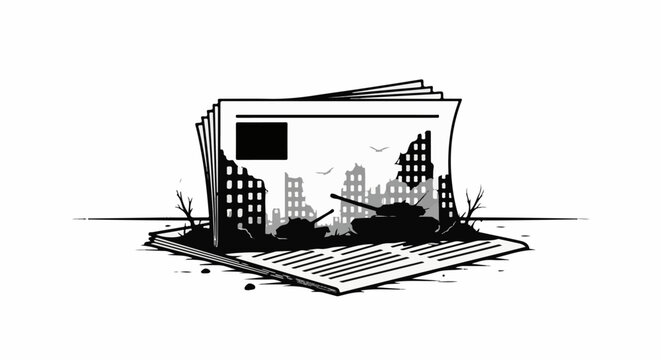 Newspaper unfolds to reveal a war-torn city with tanks and flying birds