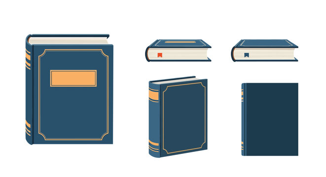 Group of blue hardback books shown from different angles including front cover, spine, and top page edges for mockups.