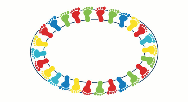 Oval border of colorful footprint shapes connected by dashed lines