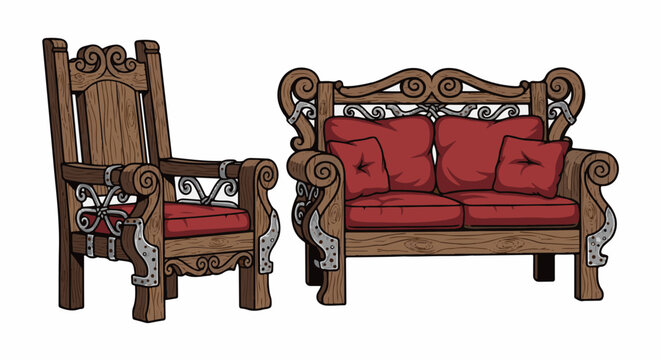 Ornate wooden armchair and two-seater sofa with red cushions and metal details