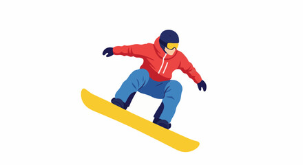Fototapeta premium Person in red hoodie, blue pants, and helmet snowboarding on yellow board