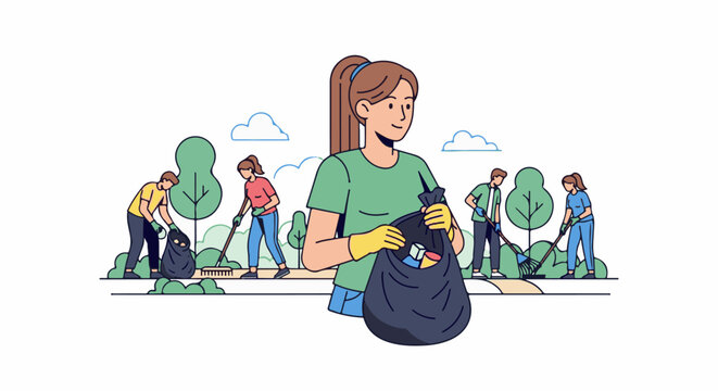 People cleaning park, collecting trash in bags, raking leaves, trees, clouds