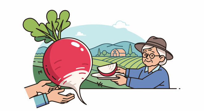 Person offers a radish slice to another, with a farm landscape behind them