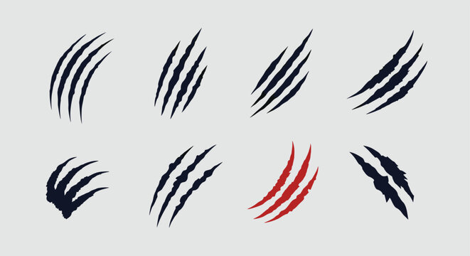 Collection of sharp animal claw scratch marks in different styles and orientations with one highlighted in a bold red color.