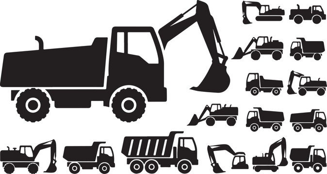 Construction vehicles vector silhouettes: excavators