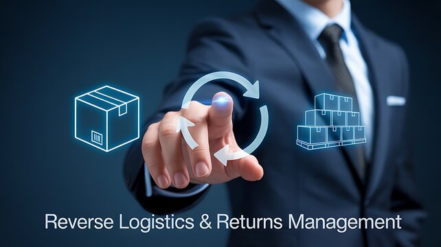 Reverse logistics and returns management concept with business hand selecting digital supply chain icons
