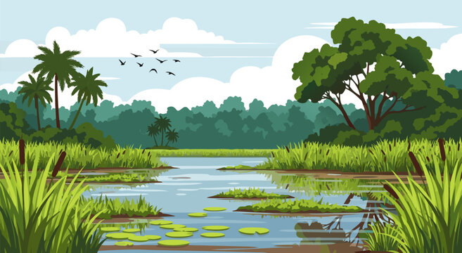 Vibrant vector illustration of a lush green swamp landscape with palm trees, water lilies, and a tranquil river reflecting the sky and clouds, creating a serene natural environment