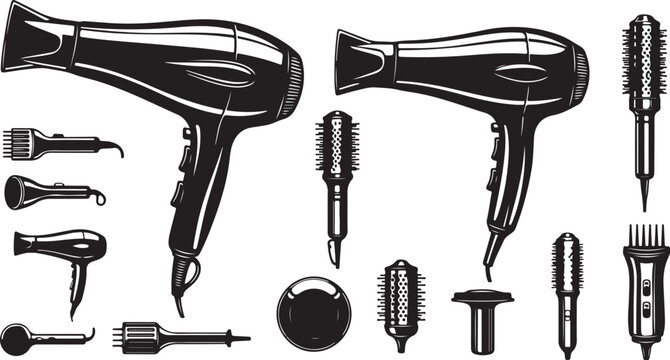 Hair dryers and styling tools silhouette vector set