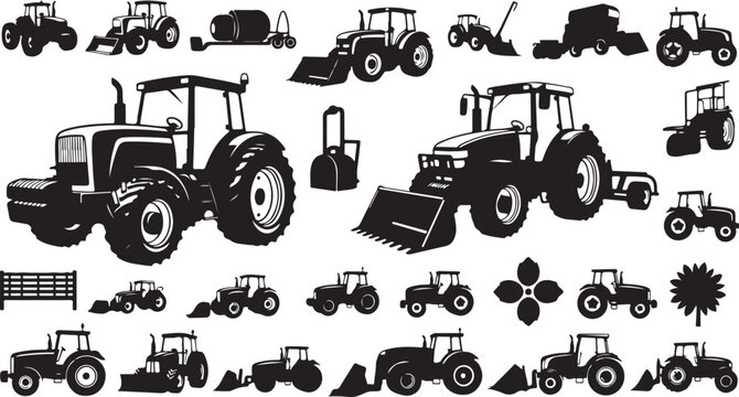 Agricultural farm tractor and machinery silhouette vector