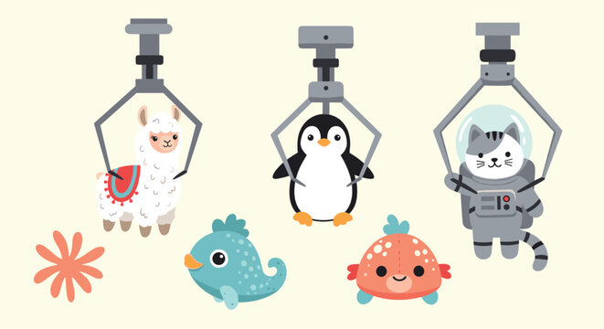 Claw machine game featuring cute plush toys like a llama, penguin, astronaut cat, and colorful fish characters for kids.