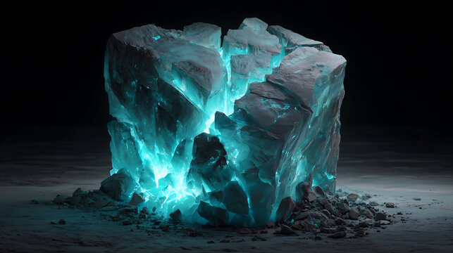 Large cracked ice block glowing with bright neon blue internal light sitting on a dark dusty surface representing a mysterious frozen relic of ancient arctic cosmic power.