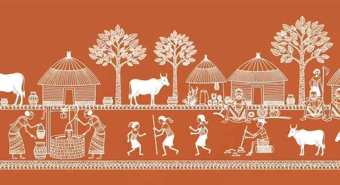 Warli tribal art vector illustration, traditional Indian village life folk painting, terracotta background with white ethnic figures and huts