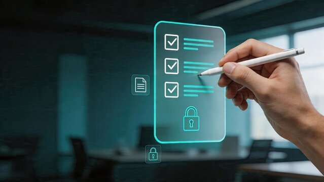 Business man using digital tablet pen writing checklist on virtual screen security data checking process for compliance verification and privacy protection in modern office work