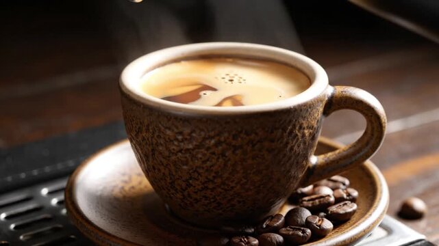 A steaming cup of rich espresso coffee on a rustic wooden surface with scattered coffee beans.