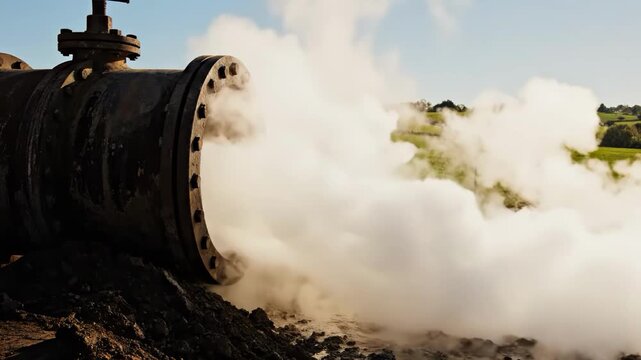Steam coming out of a large industrial pipe in a green field