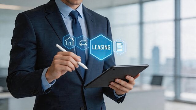 Businessman holding tablet digital leasing concept with floating icons house car document modern office background financial technology solution