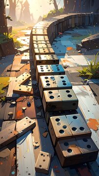 Abandoned dominoes on broken track.