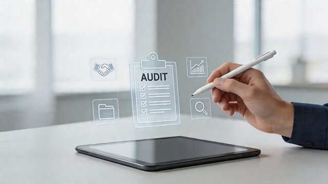 Business man using tablet device to perform financial audit with holographic icon checking documents for compliance and accounting review process in modern office