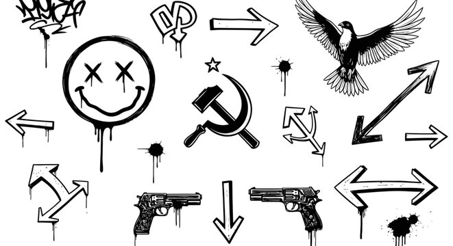 Graffiti style urban street art graphics collection with arrows smile dove guns