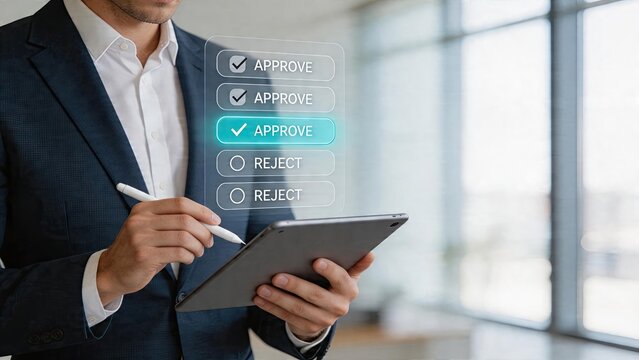 Businessman using digital tablet selecting approve or reject option in modern office approving workflow decision making process management concept