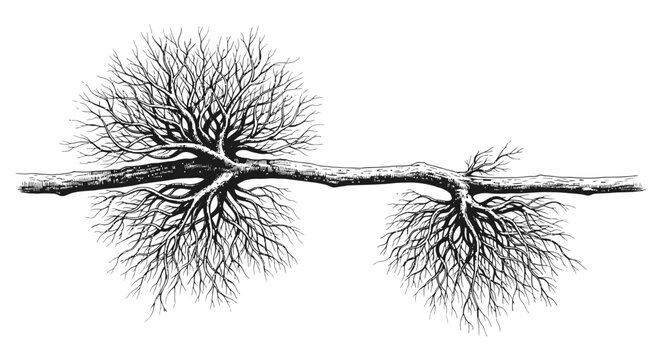 Detailed illustration of bare tree branch with dense twig clusters, botanical