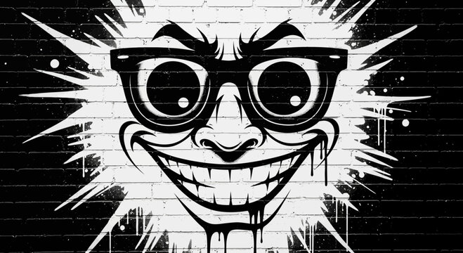 Street art graffiti of a smiling face with glasses on brick wall, hip hop