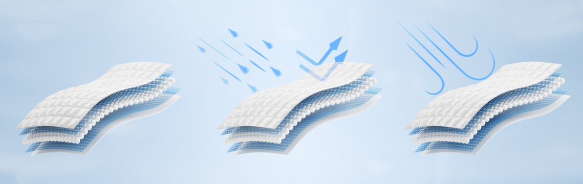 3D waterproof windproof fabric structure icon set. Nylon polyester layer material with blue water drops, rain droplets, arrows and cold airflow. Wind and moisture resistant properties. 3D illustration