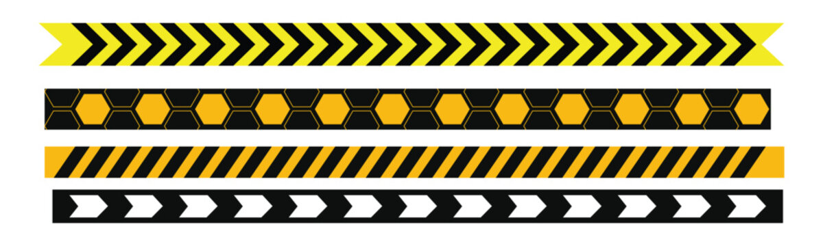 Industrial yellow and black warning tapes set representing safety and caution boundaries.