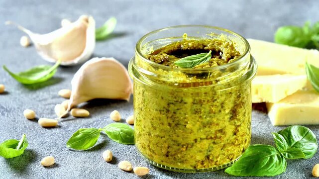 homemade fresh basil pesto in a glass jar surrounded by ingredients like garlic pine nuts and parmesan cheese