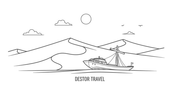 Minimalist ship line art in desert landscape for travel logo