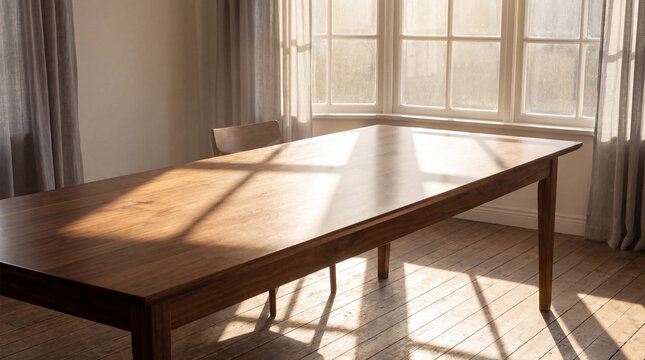 An Empty Polished Wooden Dining Table Sits Bathed In The Warm Golden Light Of Midday