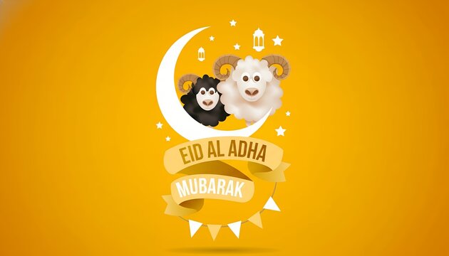 Eid al-Adha Celebration: A festive illustration of two sheep with a crescent moon and stars, celebrating the spirit of Eid al-Adha with joy and blessings.