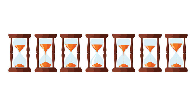 Sequence of seven hourglasses with orange sand showing different stages of time passing from full to empty over time.