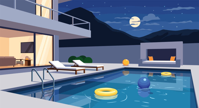 Luxurious modern villa exterior at night with illuminated swimming pool lounge chairs and mountains under full moon.