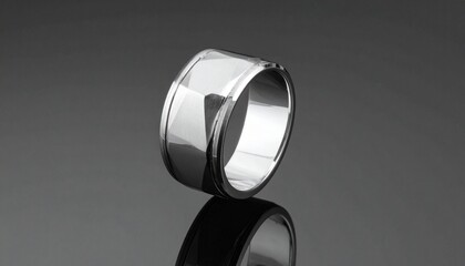 Fototapeta premium minimalist silver wedding ring floating with reflection on dark background
