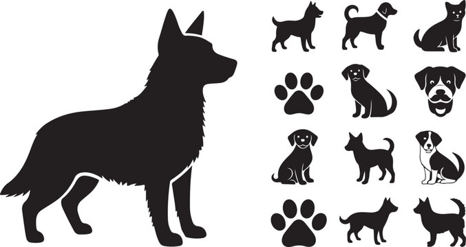 Different dog breeds and paw prints black silhouettes set