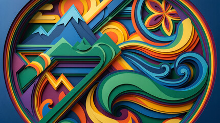 Naklejka premium Vibrant Abstract Layered Landscape Illustration with Dynamic Waves, Majestic Mountains, and Organic Floral Patterns in a Rich Paper Cut Style