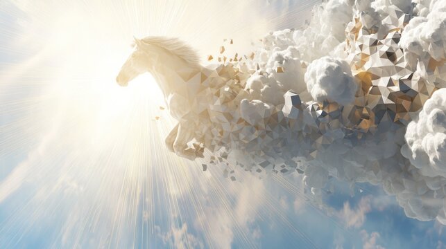 Fantasy horse emerging from clouds against a bright sunlight background