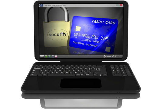 Computer portatile aperto nero.Sullo schermo simbolo sicurezza carta di credito,
