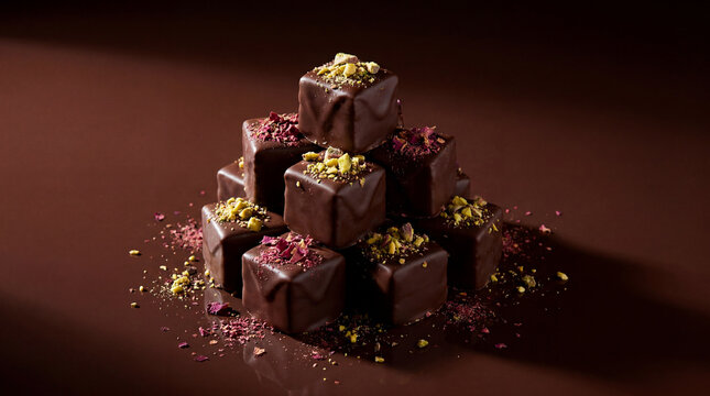 Dark chocolate coated halal nougat cubes with pistachio shards and rose dust sculpted beautifully decadent sweet