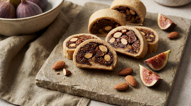 Almond Filled Fig Rolls Sliced Open Revealing Dense Fruit and Nut Texture with Refined Presentation