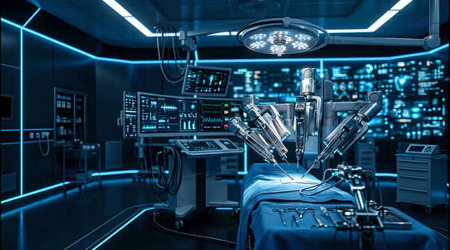 Vibrant medical tech hub interior with blurred futuristic surger