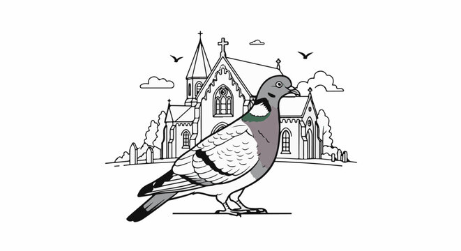 Pigeon standing before a church with birds and clouds in the sky