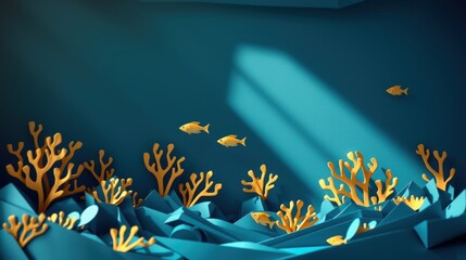 Submerged scene depicts coral reefs, golden fish swimming amidst blue geometric shapes. Light rays penetrate water. Peaceful underwater environment.