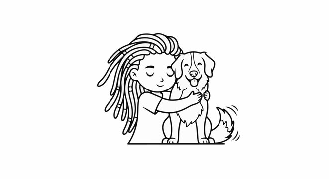 Person with dreadlocks hugs happy dog with tail wagging