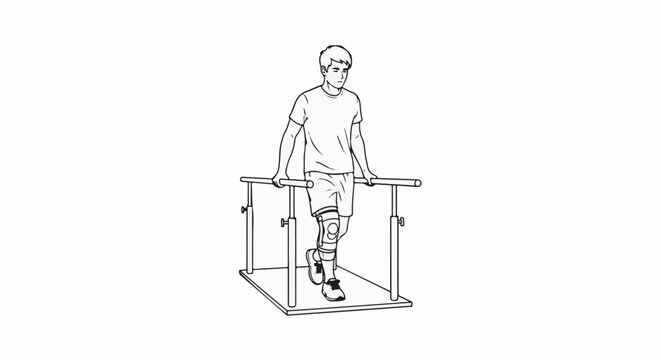 Person with knee brace uses parallel bars for physical therapy
