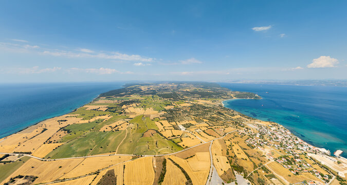 Seddulbahir, Eceabat, Turkey. Wide aerial panorama of Gallipoli Peninsula farmlands with historical Seddulbahir Fortress view from Cape Tekke over fields. Aerial view.