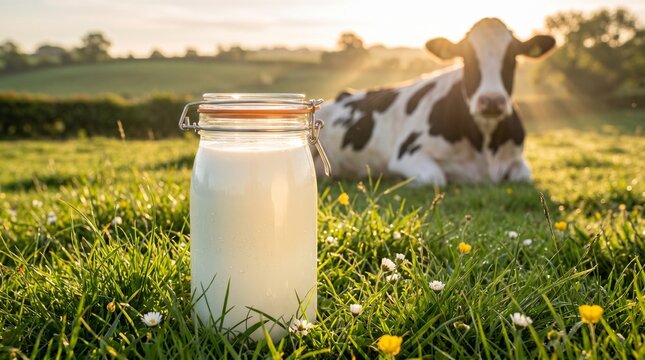 Fresh milk in glass bottle with cow in field at sunrise golden hour petting farm food and drink countryside livestock breeding agriculture sunlight beverage nutrition breakfast wholesome