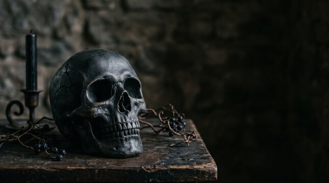 Realistic dark black skull on rustic wooden table with black candle and dry berries in moody gothic style for Halloween mystery and dark academic aesthetic decoration