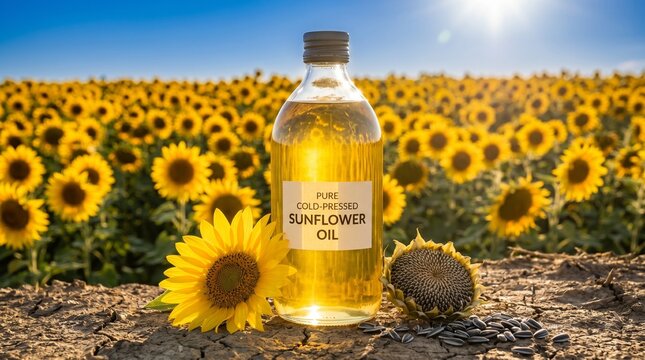 Bottle of sunflower oil with a label placed in a field of sunflowers bathed in sunlight sunflower seed sunflower head glass bottle sun drenched sunny day sunflower sunflowers agriculture
